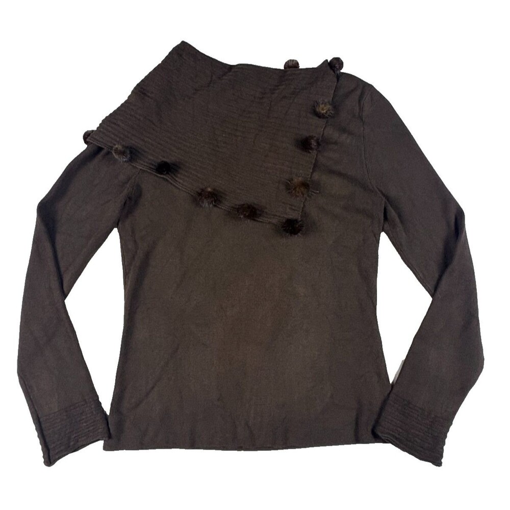 Cyrus Women's Brown Asymmetrical Sweater Pom Pom Trim Long Sleeve Medium Est